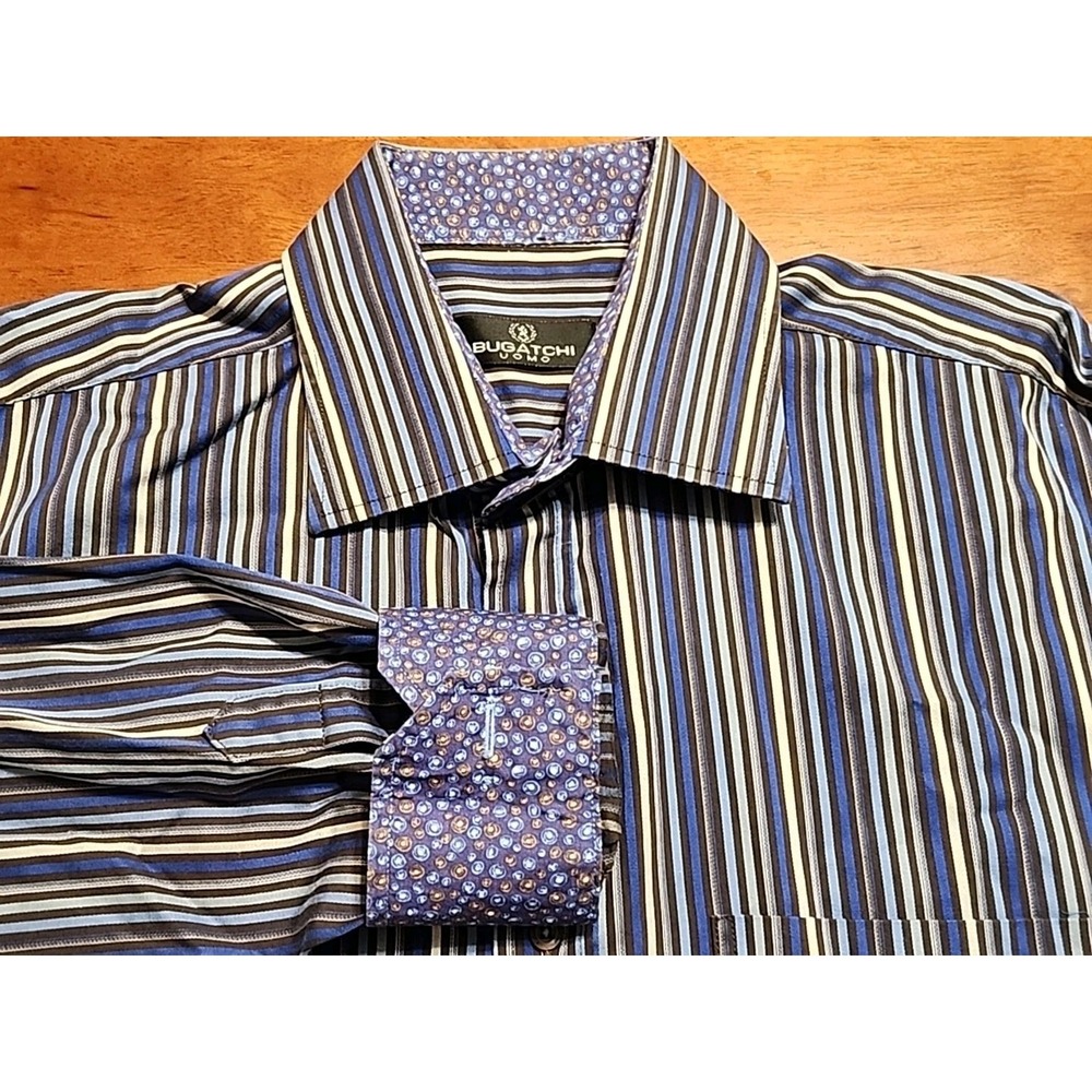 Bugatchi Uomo Men's XL Blue Brown Stripe Flip Cuff Dots 100% Cotton Button